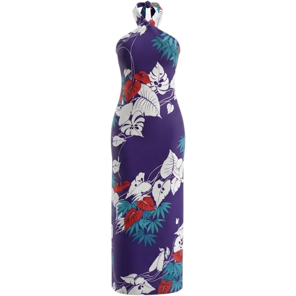 Hilo Hattie Hawaii Maxi Dress Purple Tropical Floral Halter Neck Made in USA L